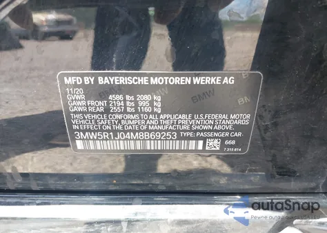 2021 BMW 330I из США, поврежденный, VIN 3MW5R1J04M8B69253